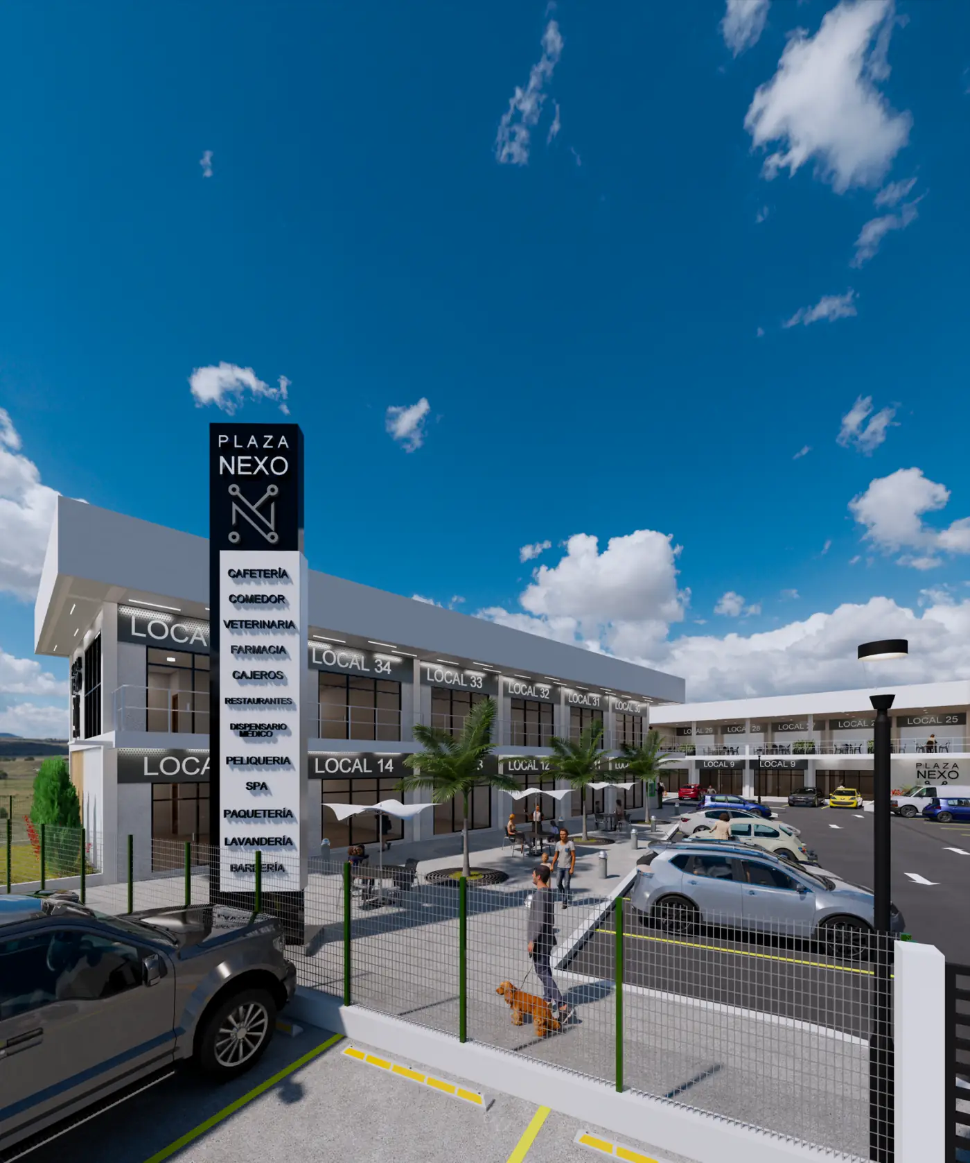 Vista de ingreso exterior y pylon principal